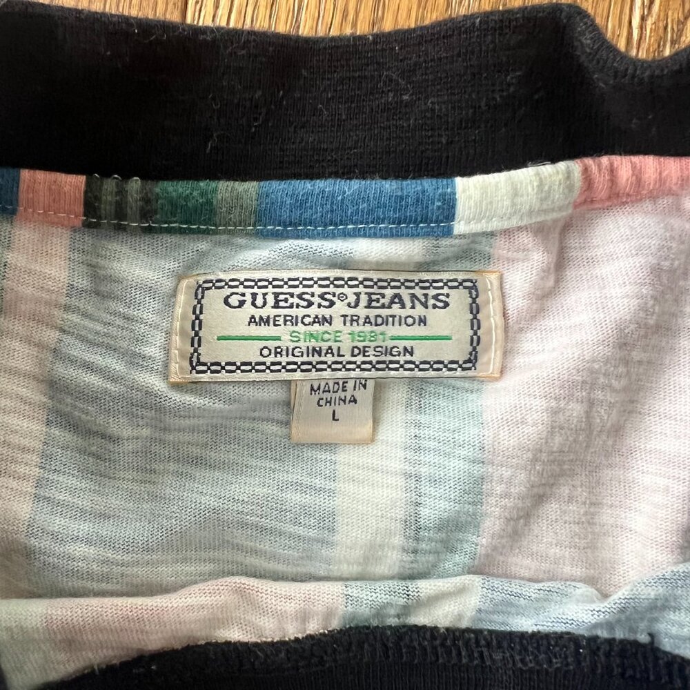Guess Jeans Striped Logo Tee Men Sz L | 90s Retro 100% Cotton Graphic Shirt - Picture 3 of 6